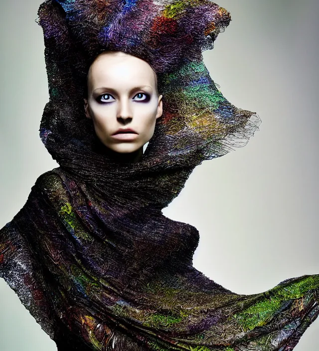 Image similar to photography face portrait of one female fashion model in rainforest, wearing one organic futurist shawl designed by iris van herpen,, creative colorfull - makeup, curly hair style half _ long, photography by paolo roversi nick knight, helmut newton, avedon, and araki, sky forest background, natural pose, highly detailed, skin grain detail