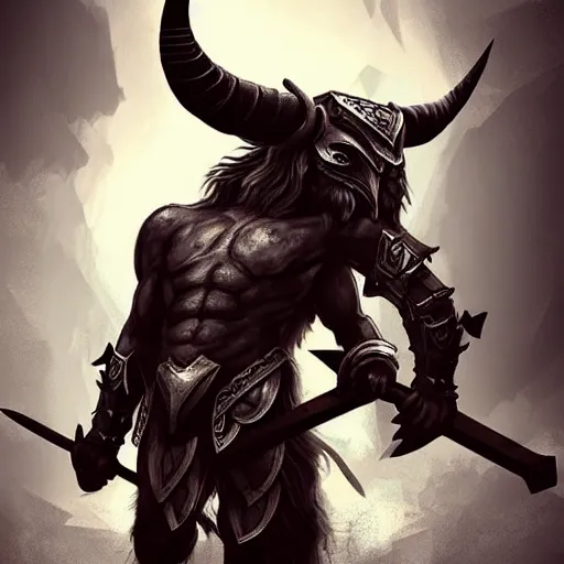 Image similar to epic bull headed minotaur beast in heavy ornate armor wielding giant axe, artwork, concept art, greek mythology, modern design, dark fantasy, digital painting, artstation, d&d