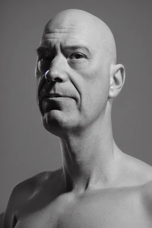 Image similar to studio portrait of man that looks excactly like homer simpson, lookalike, as if homer simpson came to life, soft light, black background, fine details, close - up, award winning photo by herb ritts