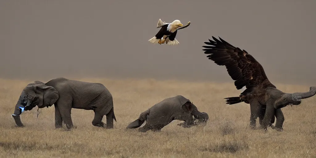 Image similar to eagle hunting an elephant, national geographic, 8 k