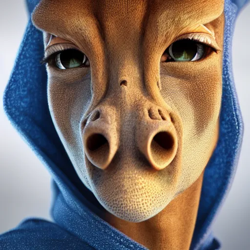 Image similar to a highly detailed portrait of a humanoid giraffe in a blue cloak, close - up, adventurer, artstation, deviantart, professional, unreal engine 5, octane render