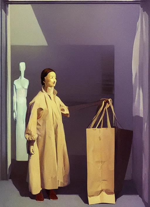 Prompt: woman in a translucent bomber made from plastic bag with paper bags for clothes standing inside paper bags with paper bag over the head at store display Edward Hopper and James Gilleard, Zdzislaw Beksinski, highly detailed