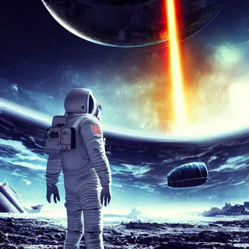 Image similar to ultra realistic, astronaut looking up at big eerie hell space cathedral on a destroyed planet with an obsidian vortex floating in the sky above in an eerie realistic art style, black background, occult, photo realistic, dark atmosphere