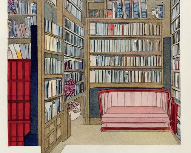 Prompt: cozy bookstore simple geometric watercolor painting george barbier