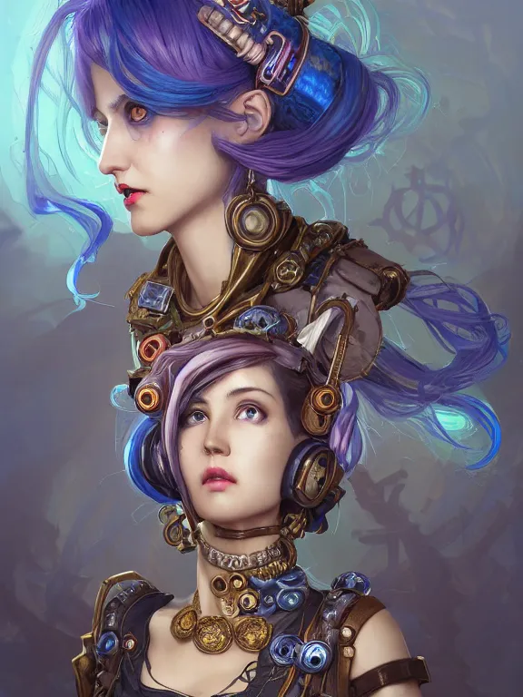 Image similar to a League of Legends FAN ART Portrait of crazy JINX , blue hair, long pigtail, steampunk,neuroticism,intricate, elegant, highly detailed, digital painting, concept art, smooth, sharp focus, illustration, by Laurie Greasley,Lawrence Alma-Tadema,Dan Mumford,artstation,deviantart,Unreal Engine,face enhance,8K,golden ratio,cinematic lighting