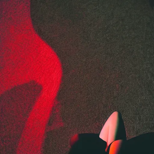 Prompt: red light from above outlines the shadow of her beautiful shape on the floor below