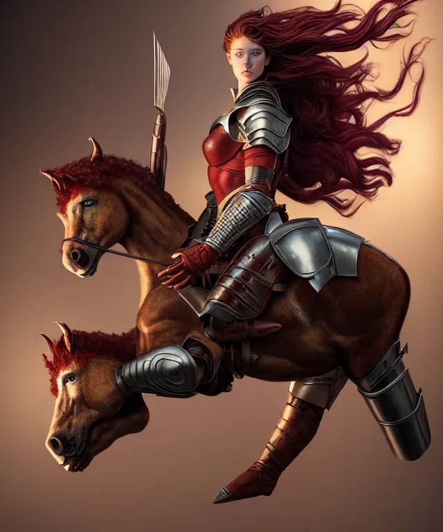 Prompt: hyperrealistic mixed media painting of a beautiful young female ranger, stunning 3d render inspired art by P. Craig Russell and Barry Windsor-Smith + perfect facial symmetry + dim volumetric lighting, dark red hair, pale skin, crimson leather armor, riding an armored warhorse, dizzy, full body, confident heroic pose, d&d, 8k octane beautifully detailed render, post-processing, extremely hyperdetailed, intricate, epic composition, grim yet sparkling atmosphere, cinematic lighting + masterpiece, trending on artstation, very very detailed, masterpiece, stunning