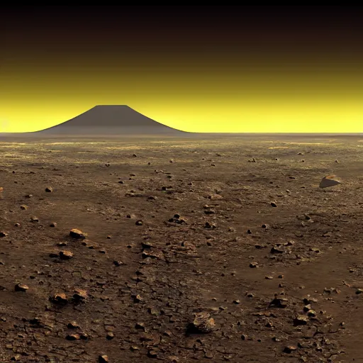 Image similar to view from the surface of a planet with tan dirt with cracks and thick atmosphere blocking the view of the sun and volcanos in the distance with yellow haze