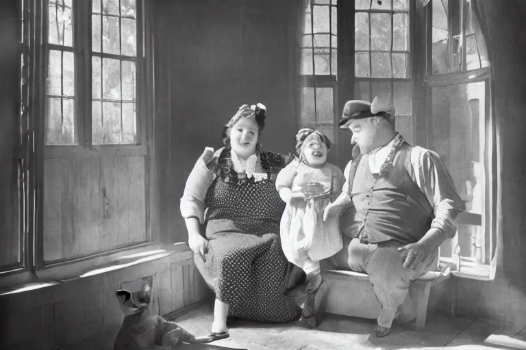 Image similar to charming and chubby parents and their very fat baby girl, wearing a polka dot cloths and a victorian - style hairdo, sits in the large and bright studio. sunlight enters through the barred window. modern etching style. beautiful lighting, 4 k post - processing, highly detailed, 5 k extremely detailed, 3 d. cinematic scene.