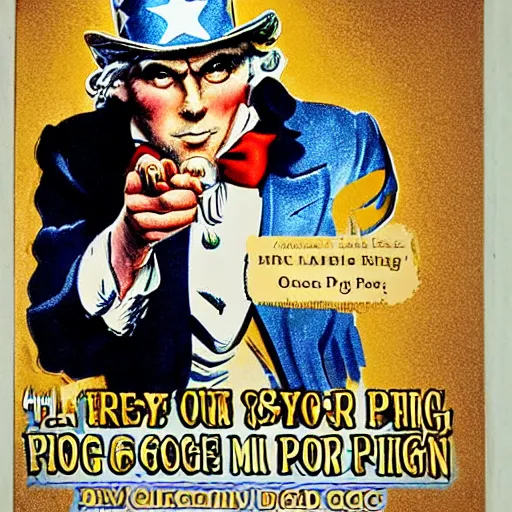 Prompt: uncle sam with a pig face wearing a gold crown