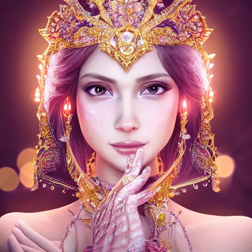 Image similar to portrait of pretty princess with perfect skin, glowing, ornate and intricate diamond jewelry, jaw dropping beauty, ornate and intricate backdrop, white accent lighting, hyper detailed, 4 k octane render