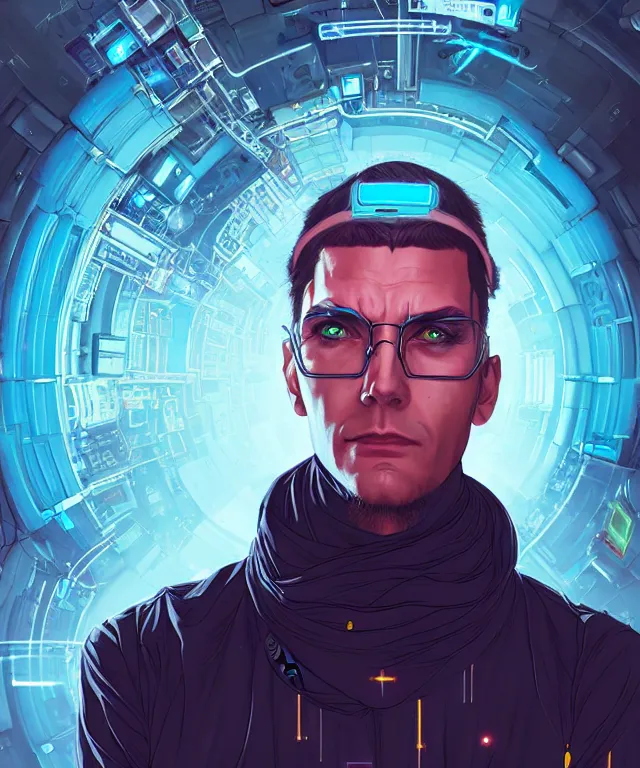 Image similar to a portrait of a male cyberpunk netrunner wearing a hadron collider, fantasy, elegant, digital painting, artstation, concept art, matte, sharp focus, illustration, art by josan gonzalez