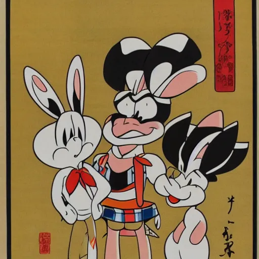 Image similar to bugs bunny, daffy, porky pig, ukiyo - e style,