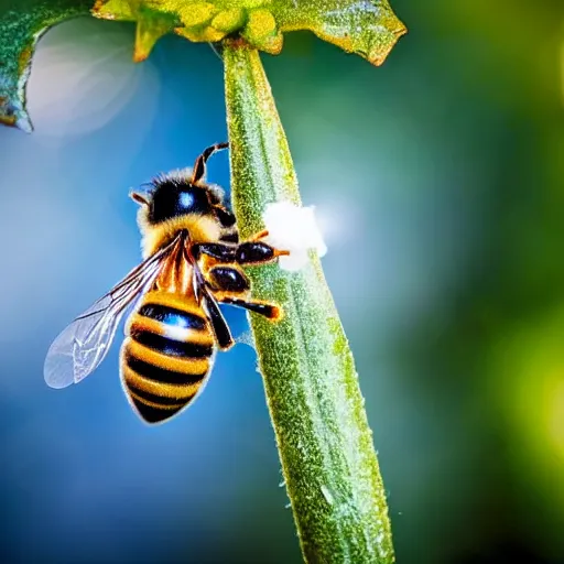 Image similar to a bee trying to reach a huge snowflake, there is winter everywhere, beautiful macro photography, ambient light