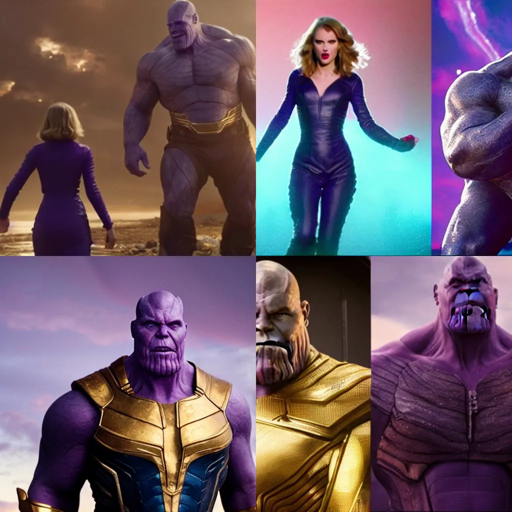 Prompt: film still of Thanos as Taylor Swift, Taylor Swift as Thanos