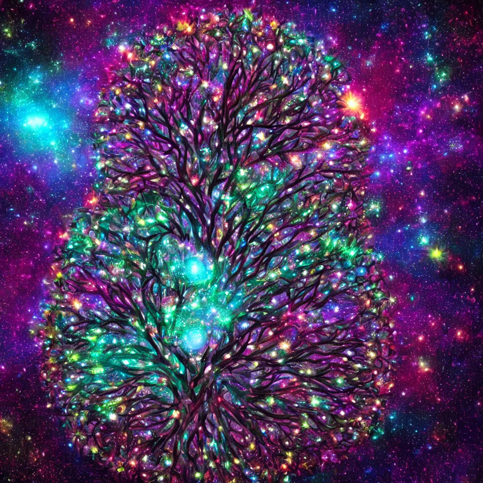 Image similar to cosmic tree of life made of stars, center composition, cinematic, trending on artstation, low level, 4K UHD image,