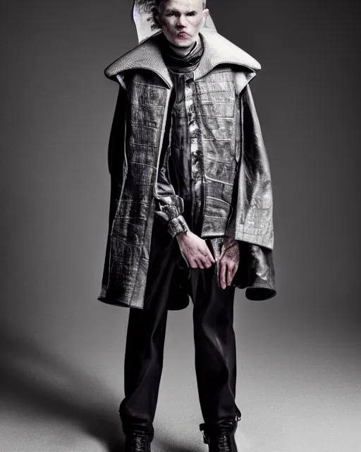 Prompt: a fashion editorial photo of a grey extremely baggy short ancient medieval designer menswear leather jacket with an oversized collar and baggy bootcut trousers designed by alexander mcqueen, 4 k, studio lighting, wide angle lens