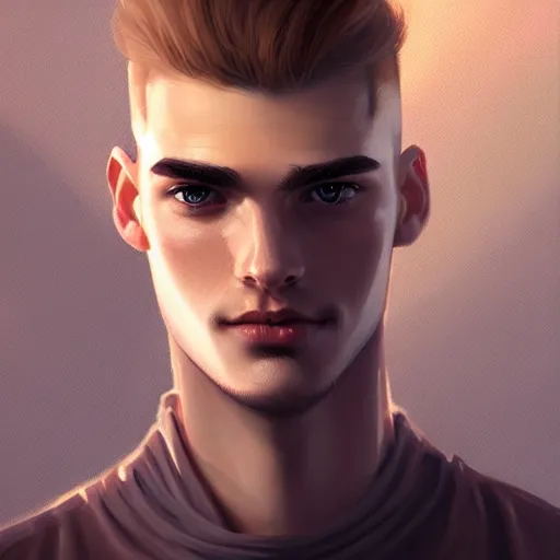 Image similar to tall big man in his twenties with brown blond short regular haircut and round facial structure with cleft chin, straight eyebrows, slightly smiling, cheekbones, wider face, shadow of beard, atmospheric lighting, painted, intricate, 4 k, highly detailed by charlie bowater