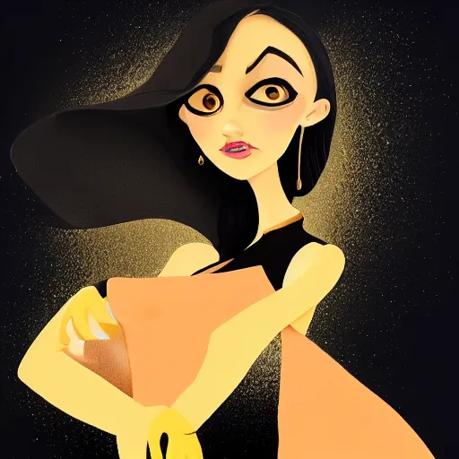 Prompt: portrait of a beautiful female witch in black and golden dress , digital painting , digital art , pixar style , Disney , instagram , trending on artstation