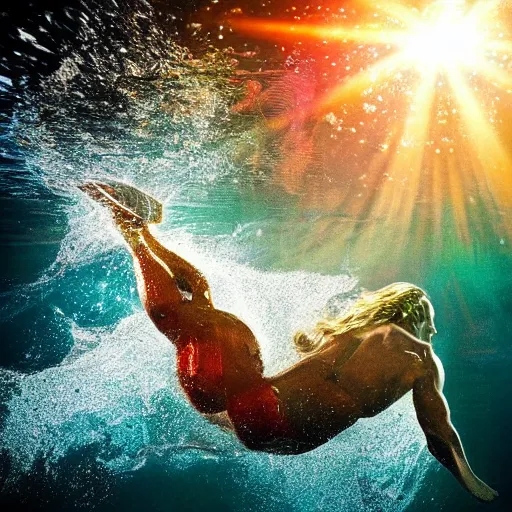 Image similar to aquaman breaking the surface of the water, underwater photography with light scattering and water refractions, smooth