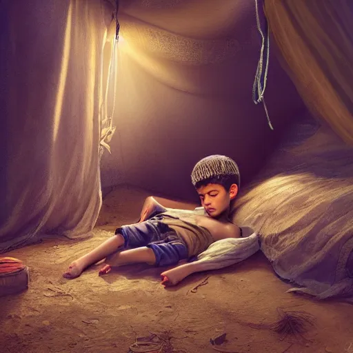 Image similar to Beautiful hyperrealistic detailed matte portrait painting of 12 year old middle eastern skinned boy with short hair and Biblical clothing sleeping. Interior of ancient tent. Nightime. Light rays shine onto his body. post processing, ultra detailed, trending on artstation