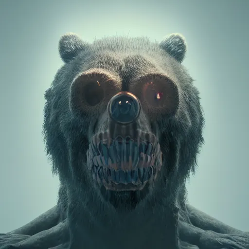 Image similar to a mutated bear monster illuminated by warm light, skull protruding from face, warped flesh, dreamlike, intricate detail, 3d render, octane render, god rays, depth of field, trending on artstation, 4k, hd