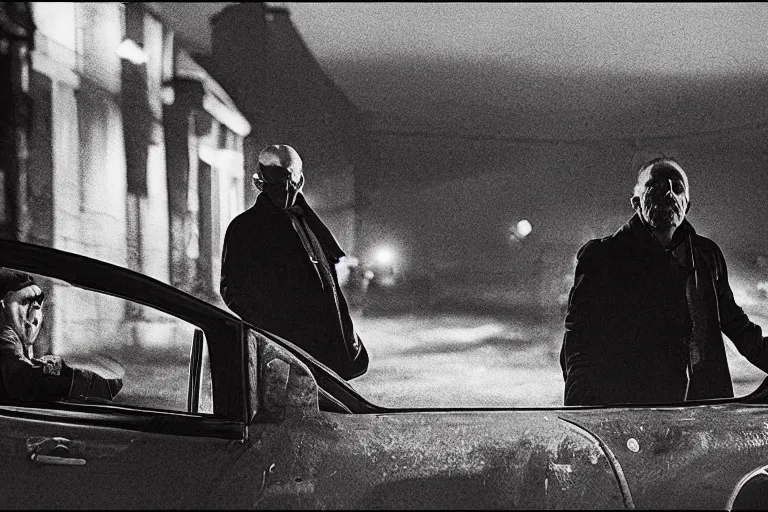 Prompt: movie scene, hofman waiting outside a house in his car, night, silenced pistol, by emmanuel lubezki