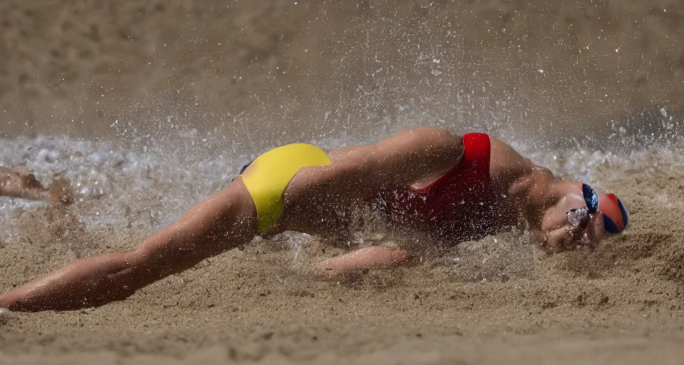 Image similar to olympic swimming in sand instead of water, extremely coherent, motion blur