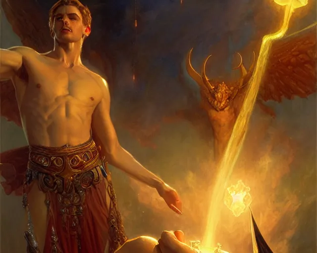 Image similar to attractive male deity, casting demonic magic, summoning handsome lucifer morning star. highly detailed painting by gaston bussiere, craig mullins, j. c. leyendecker 8 k