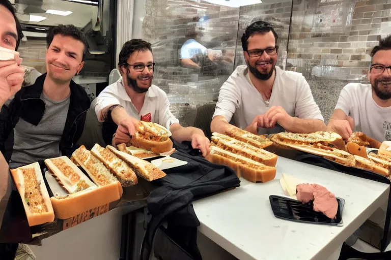 Prompt: software engineers eating italian deli sandwiches