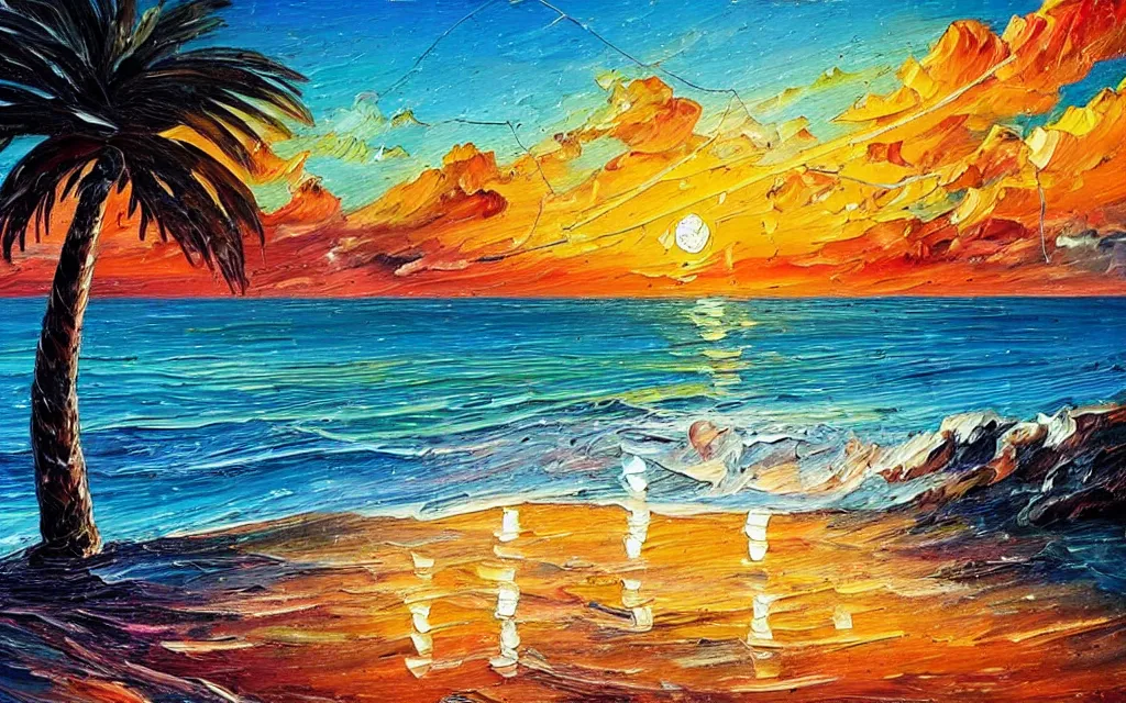 Image similar to in a big sea is a tiny island with a cute cozy cottage on it with a terrace, a paved courtyard with benches and string lights, palm trees, sunset, puffy clouds, dramatic and dynamic lighting, thick brush strokes oil impasto painting