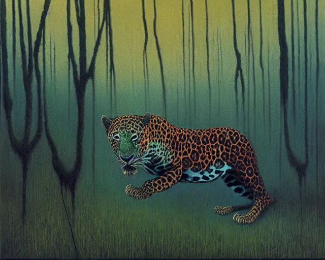 Image similar to Beksinski painting. Jaguar in a dark misty jungle, painted by Beksinski