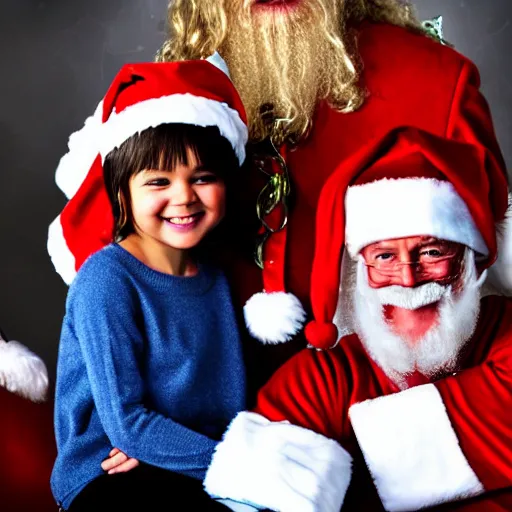 Image similar to Holiday Mall Santa Photo of child with the face of Hulk Hogan sitting on Hulk Hogan’s lap, 8k hyper realistic HDR