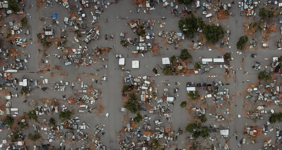 Image similar to top down aerial view of dilapidated zombie - apocalypse city with supermarket and shopping street in real life, desolate with zombies, dilapidated, zombies in the streets, nightmarish, some rusted style parked vehicles, sunny weather, few clouds, volumetric lighting, photorealistic, daytime, autumn, sharp focus, ultra detailed, cgsociety