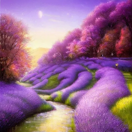 Prompt: A beautiful street art of of a landscape. It is a stylized and colorful view of an idyllic, dreamlike world with rolling hills, peaceful looking animals, and a flowing river. The scene looks like it could be from another planet, or perhaps a fairy tale. lavender by Marek Okon, by Stuart Immonen fine