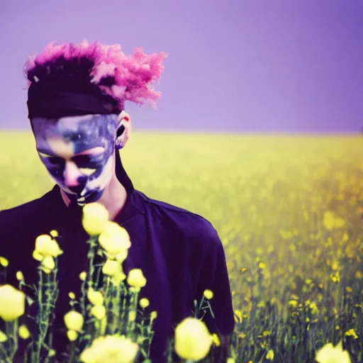 Image similar to kodak portra 4 0 0 photograph of a skinny goth guy standing far back in a field of flowers, wearing bandana on face, moody lighting, telephoto, 9 0 s vibe, blurry background, vaporwave colors, faded!,