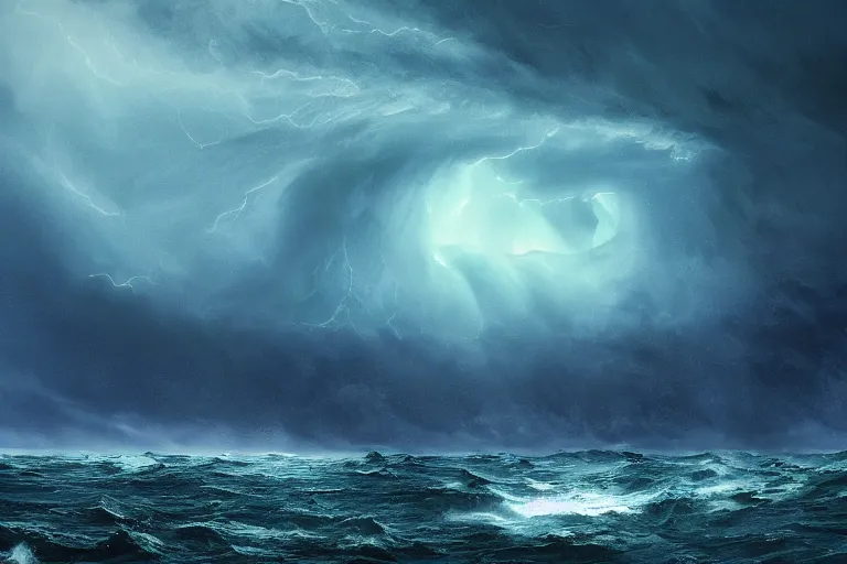Prompt: photo of monstrous tornado over stormy seas, night, backlit, blue sprites, hyperdetailed, artstation