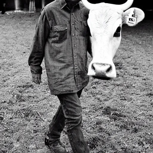 Image similar to daniel johnston, walking a cow