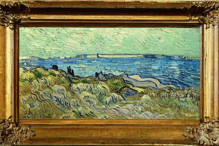 Prompt: landscape of bamburgh castle and beach painted by Vincent Van Gogh