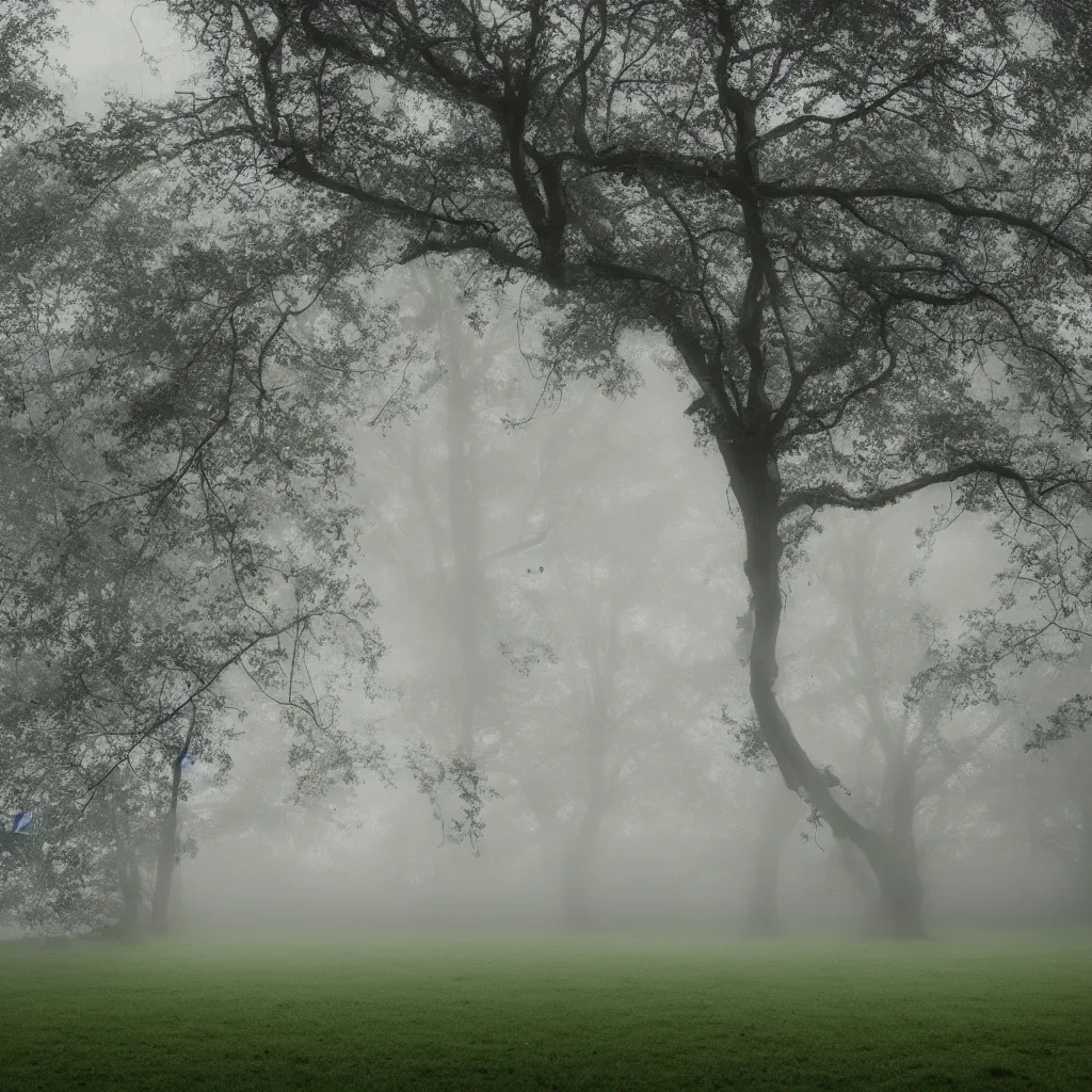 Image similar to A tree growing on a meadow partially covered with morning fog, with leaves divided in four seasons of the year, with tree hollow, with rope ladder, cinematic lighting, photo realistic image, 4K, super detailed, cinematic look