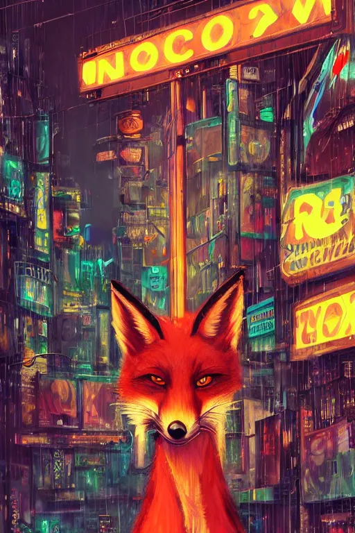 Image similar to beautiful portrait of a tall female anthro fox smoking a cigarette in a bustling crowd of a rainy city street, cyberpunk, harsh neon lights, highly detailed, digital painting, illustration, art by sakimichan, artgerm