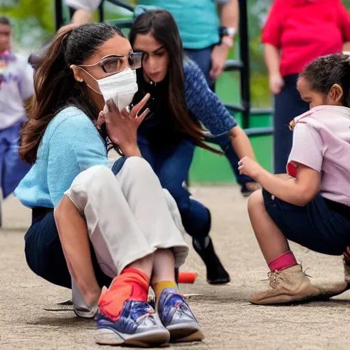 Image similar to Alexandria Ocasio-Cortez getting bullied on a playground by other members of congress