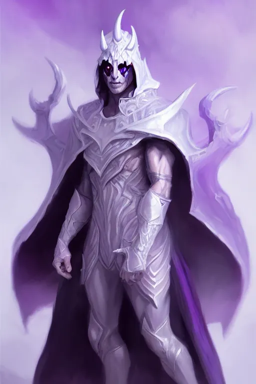 Prompt: man male demon, full body white purple cape, warlock, character concept art, costume design, black eyes, white horns, trending on artstation, Artgerm , WLOP
