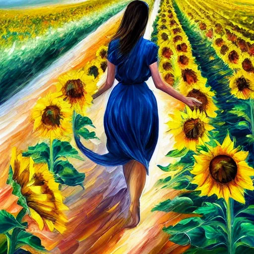 Image similar to a girl slowly walking through amazing tall sunflower field, her hair flowing down, subtle, intricate details, real masterpiece, oil on canvas, by leonid afremov