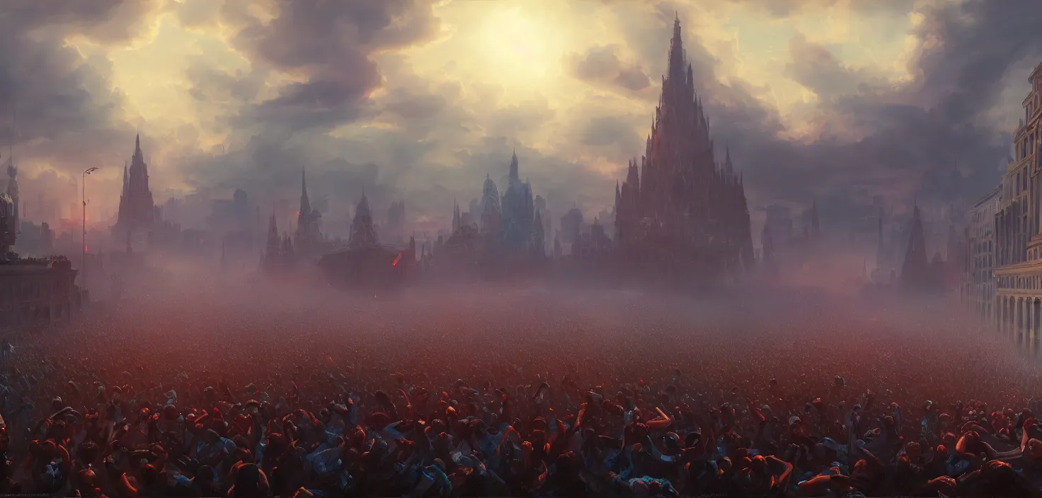 Image similar to painting of a crowd with raised arms pointing towardб demonstration, cinematic view, epic sky, detailed, concept art, low angle, high detail, warm lighting, volumetric, godrays, vivid, beautiful, trending on artstation, by jordan grimmer, huge scene, art greg rutkowski