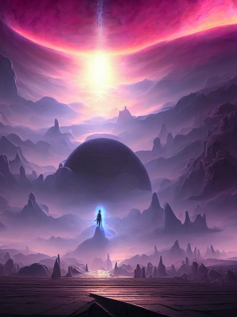 Prompt: entrance to ethereal realm, god waiting, rendered in unreal engine, central composition, symmetrical composition, dreamy colorful cyberpunk colors, 6 point perspective, fantasy landscape with anthropomorphic!!! terrain!!! in the styles of igor morski, jim warren, and rob gonsalves, intricate, hyperrealistic, volumetric lighting, big sky, distinct horizon