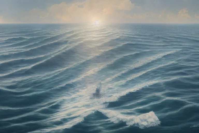 Prompt: ocean liner sinking with water crashing over the ship, bird's eye view, realist painting, 4k high res