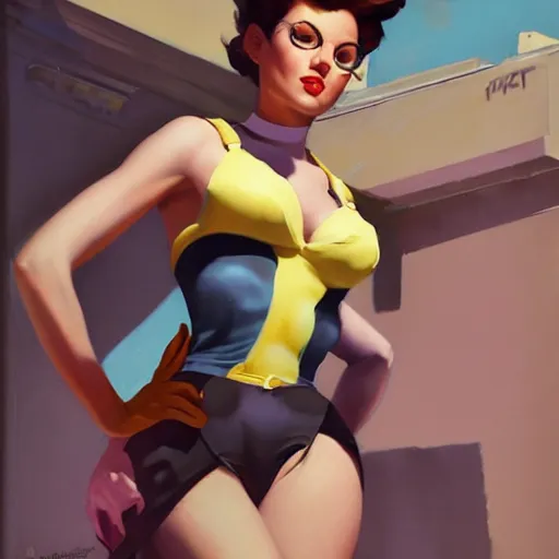 Prompt: greg manchess portrait painting of overwatch's tracer as sexy 1 9 5 0's pinup art, medium shot, asymmetrical, organic painting, sunny day, matte painting, bold shapes, hard edges, street art, trending on artstation, by huang guangjian and gil elvgren and sachin teng