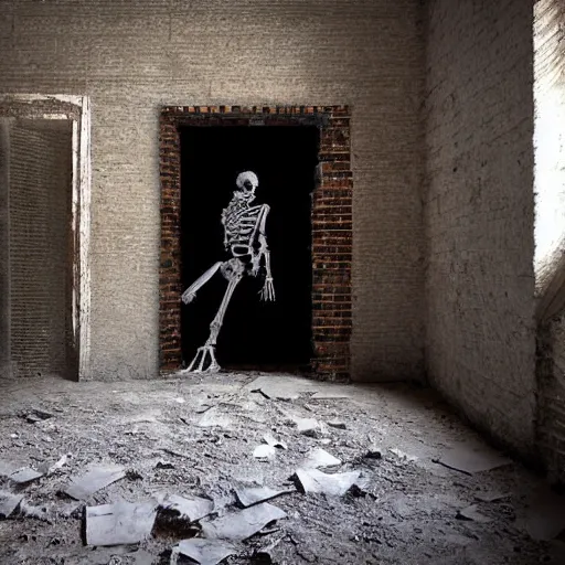 Image similar to a dusty skeleton!!!!! in ((((futuristic marine armour))) in a dusty brick room