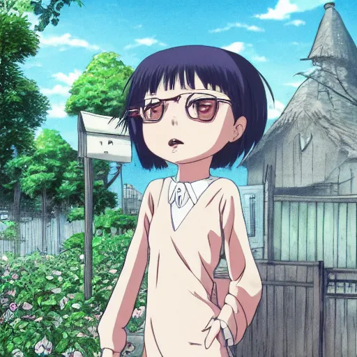 Prompt: The girl, detailed human body, face, two identical eyes, nose, lips is standing outside the house in full size stylehayao miyazaki, style anime -S 773189906